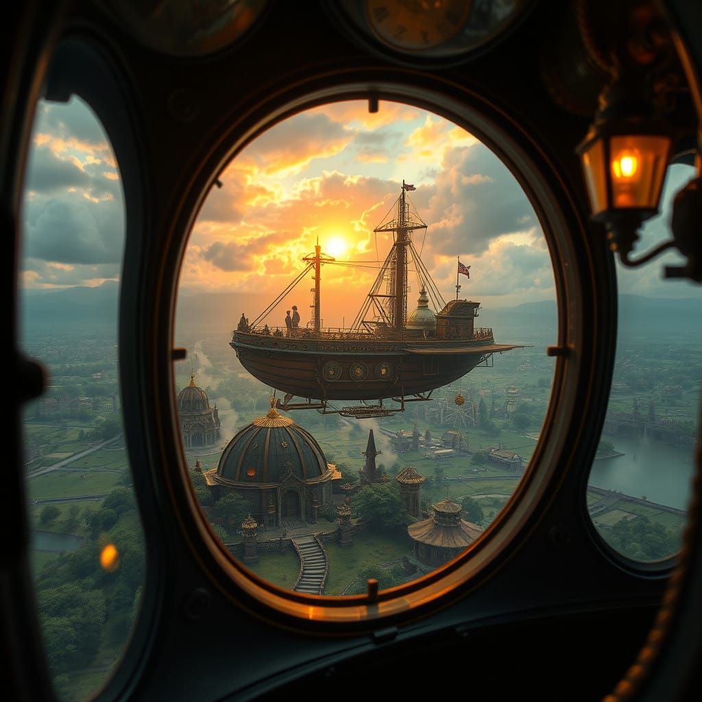 Steampunk Airship Soars Over Whimsical Fantasy Landscape