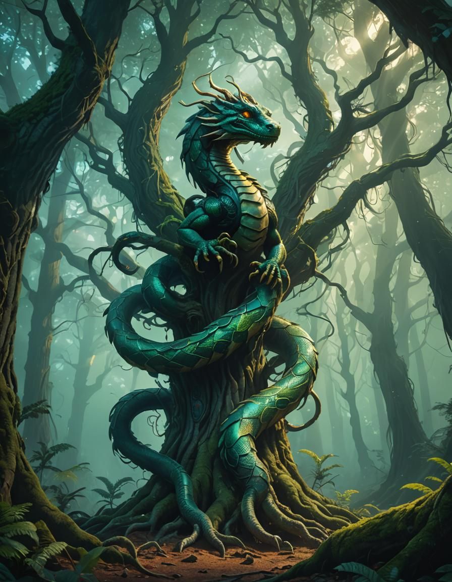 Mystical Dragonsnakefox Entwines Ancient Tree in Vibrant For...