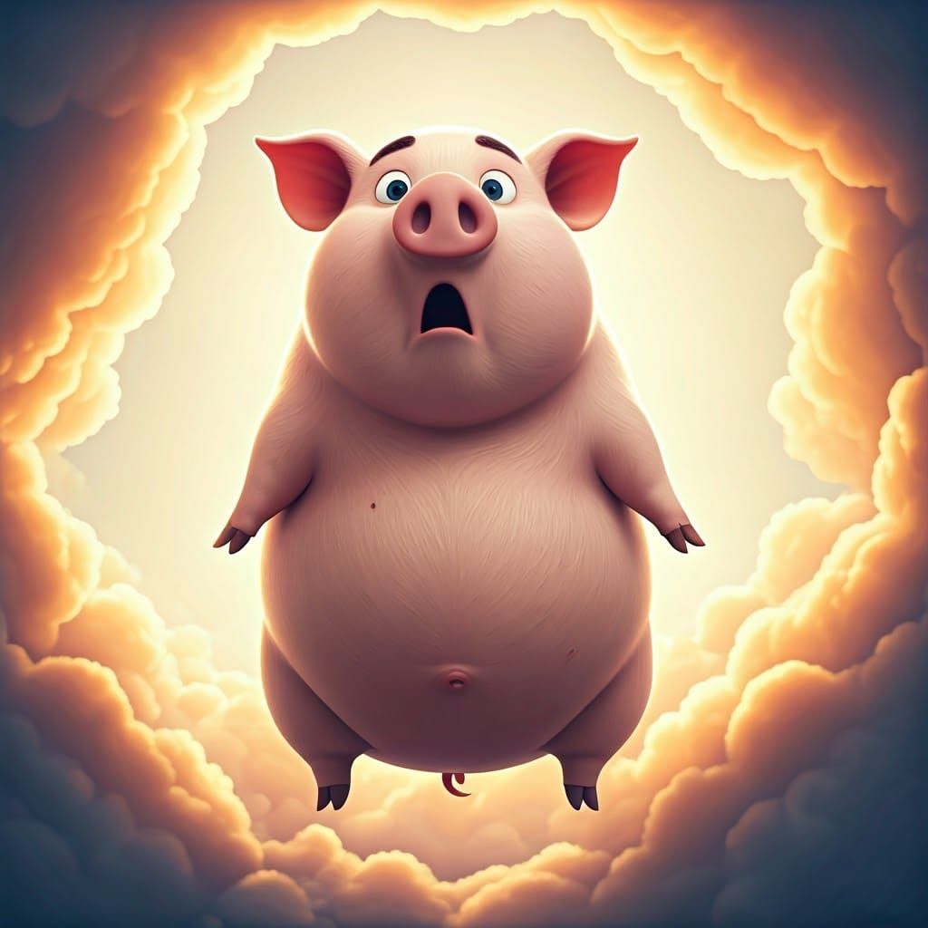 Flying Pig in Pixar Style with Shocked Expression