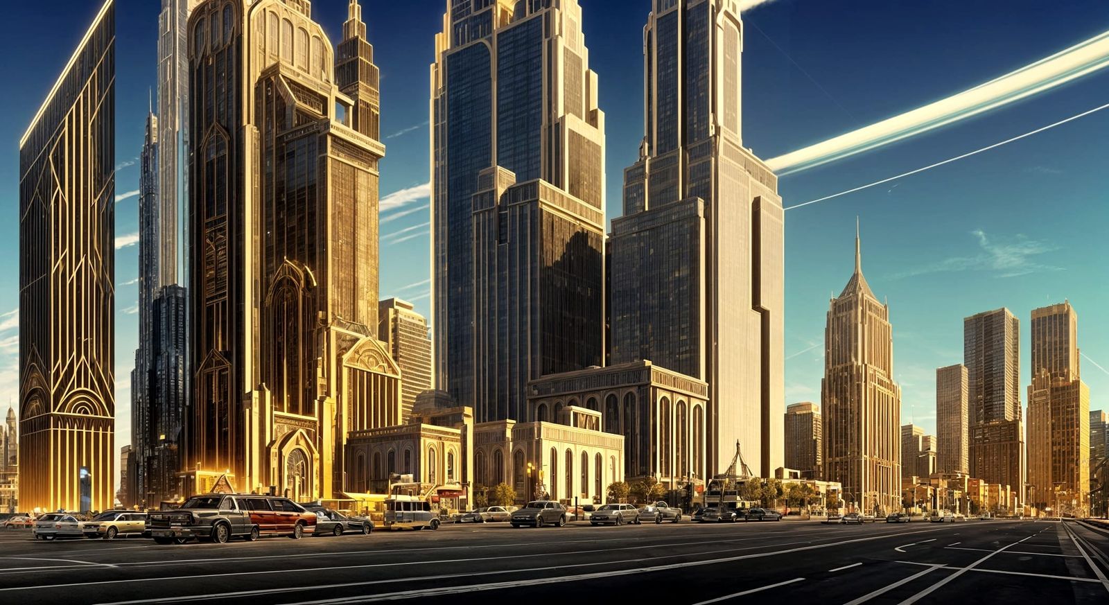 Art Deco Cityscape with Retrofuturist Airships in Bronze and...