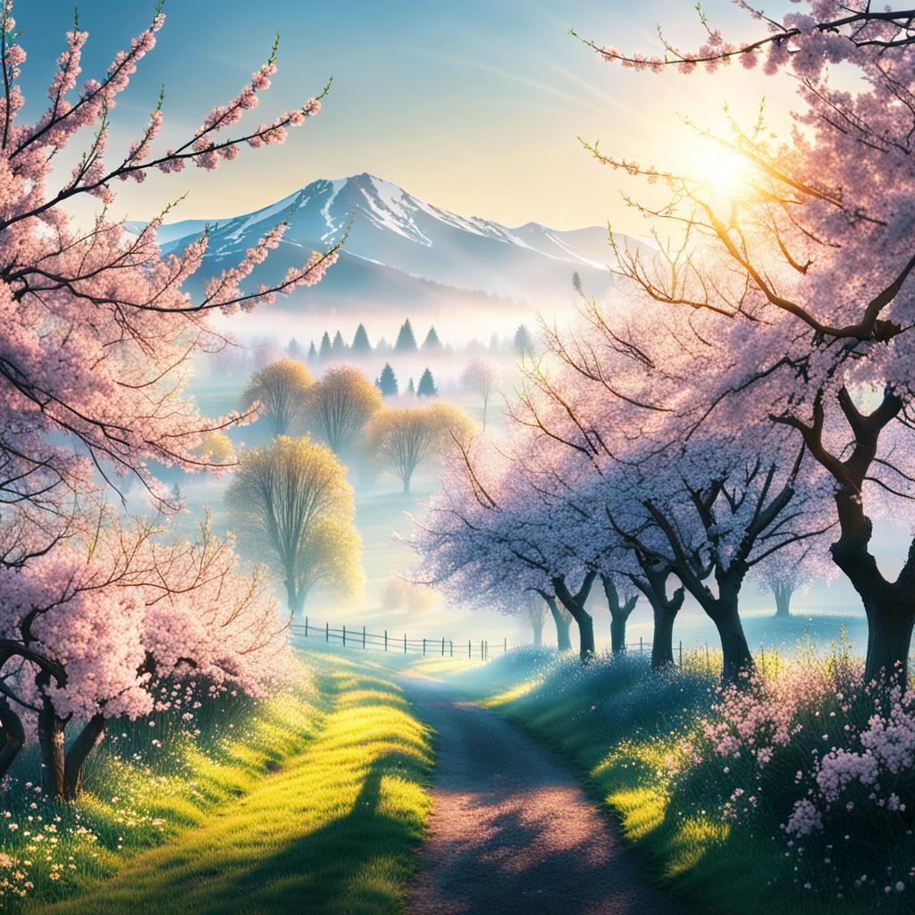 Serene Cherry Blossom Landscape in Golden Light