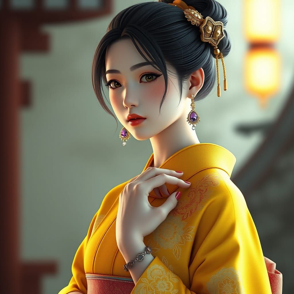 Japanese Woman in Vibrant Kimono, Anime-Inspired