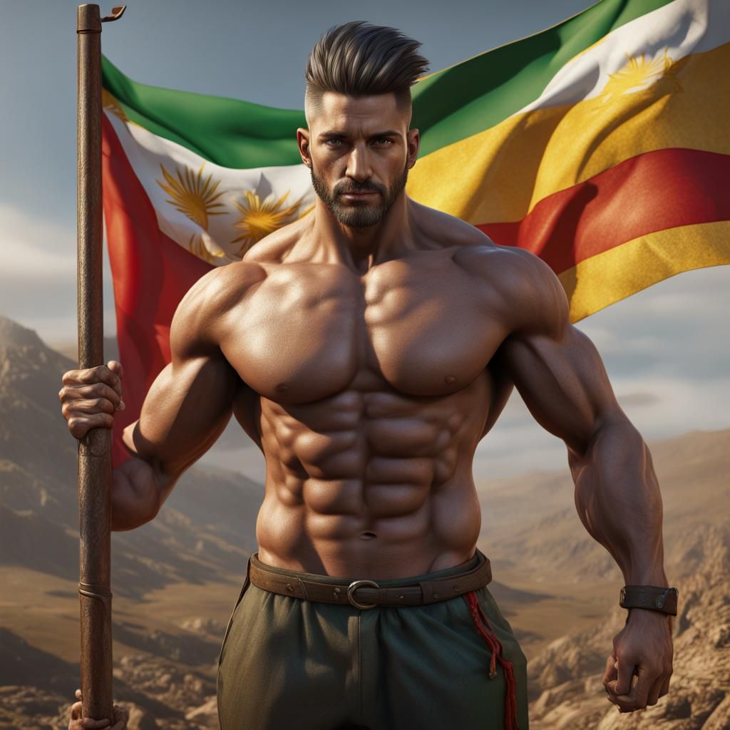 Bodybuilder Holds Kurdistan Flag: Fantasy Concept Art
