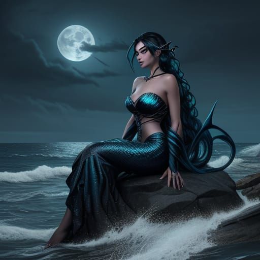 Dark Siren with Lyre in Stormy Night