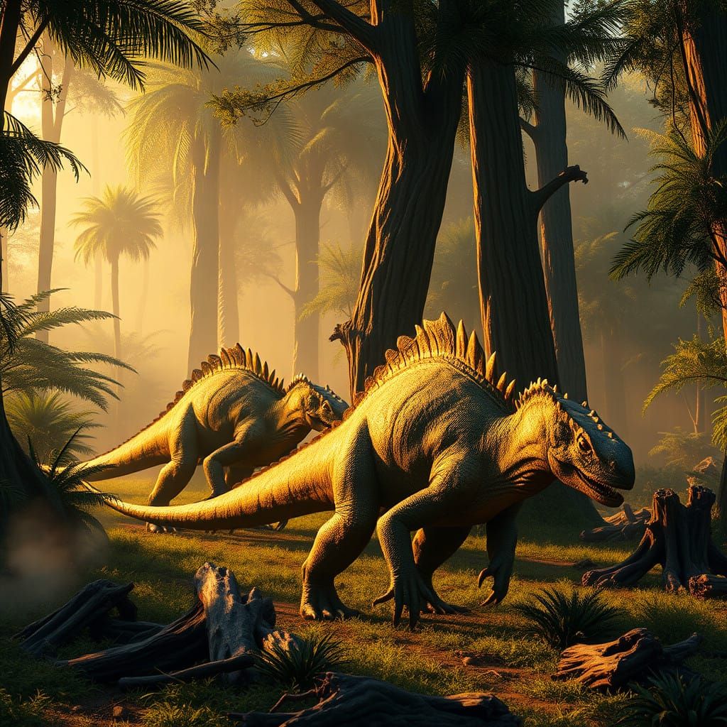 Prehistoric Iguanodons Roam a Lush, Golden Afternoon in a Cr...