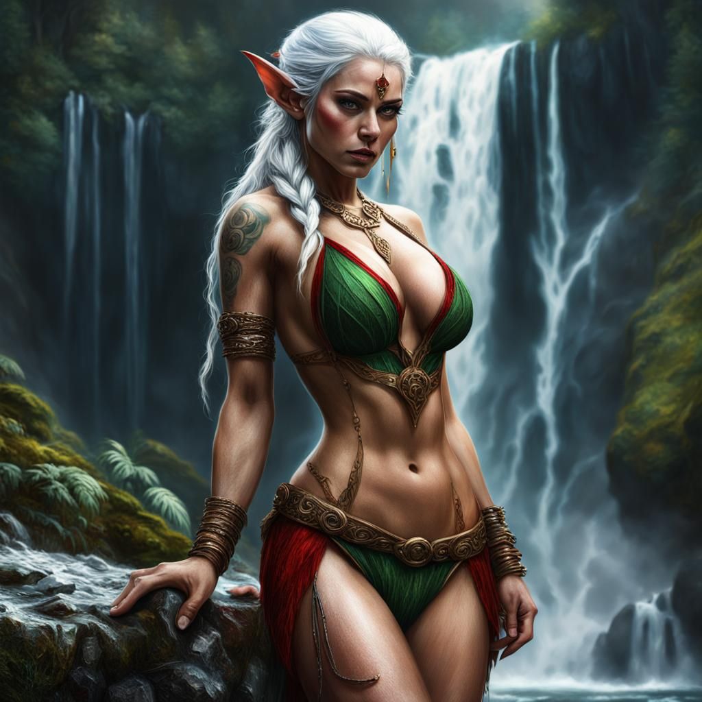 Santa Elf Woman at Waterfall Portrait