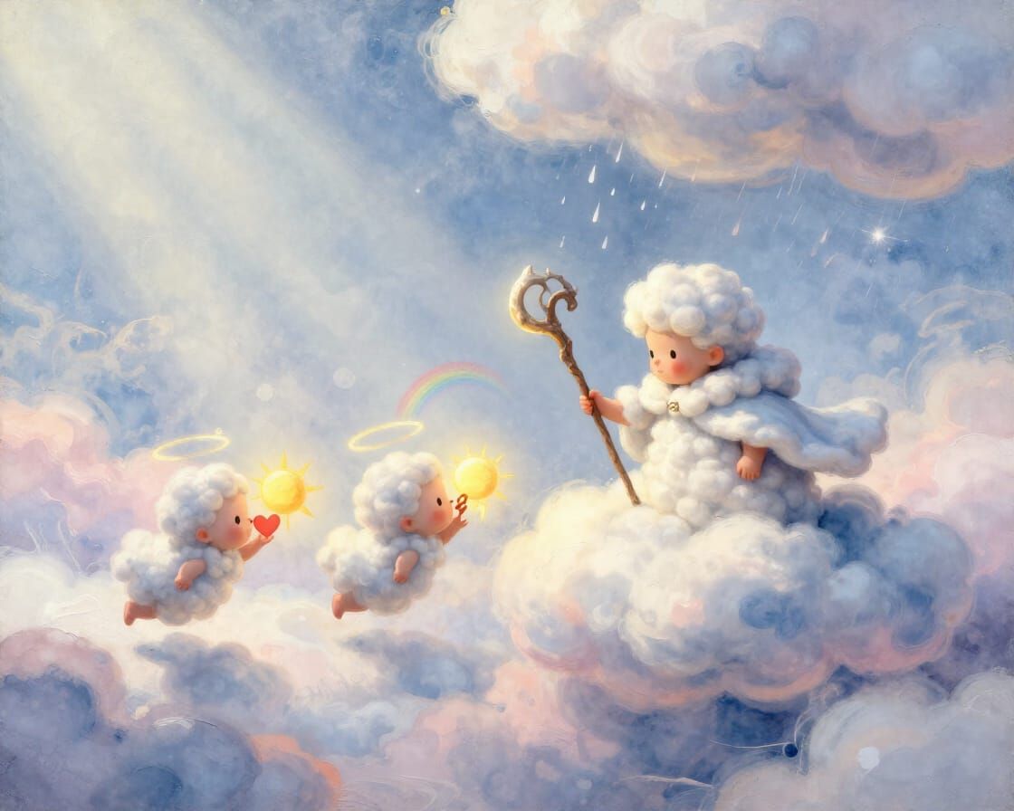 Cloud Shepherd Guides Tiny Storms on Pastel Cloud Meadow