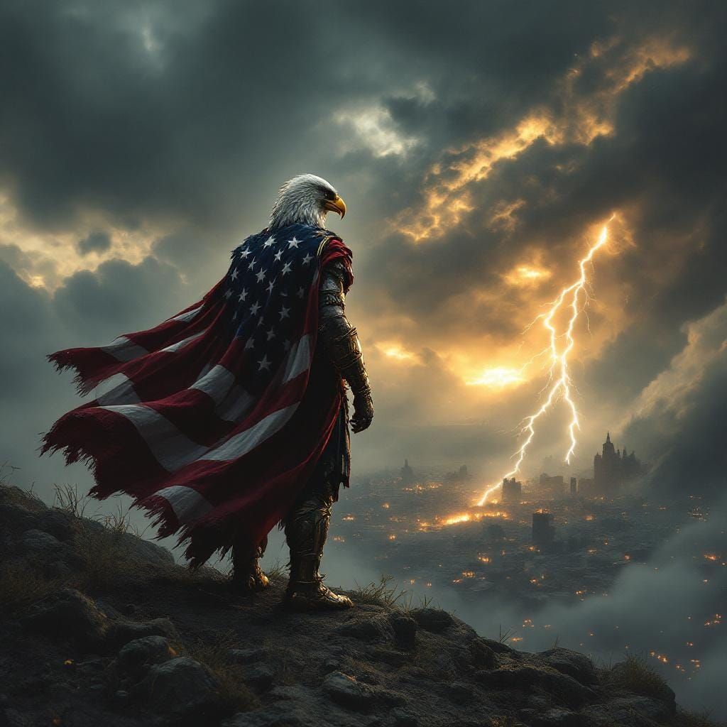 Eagle Warrior Oversees Ruined Cityscape