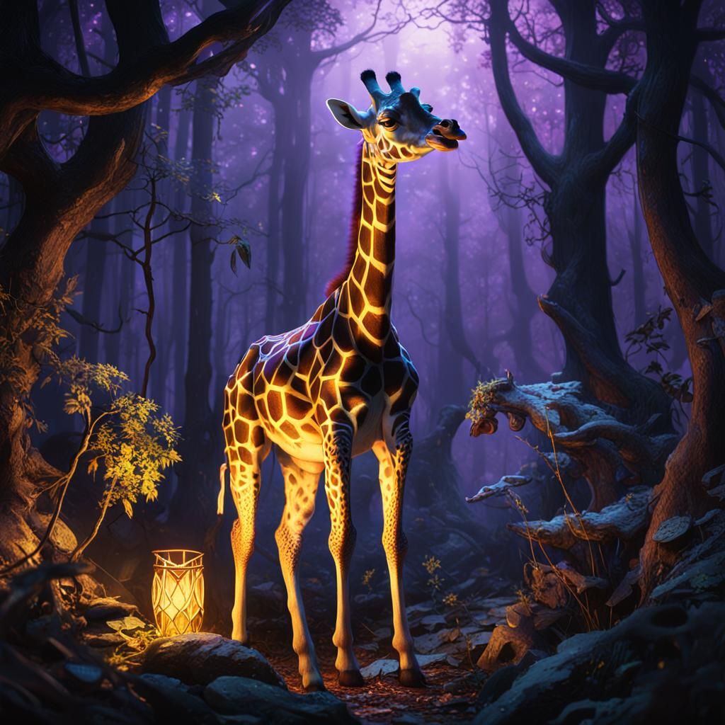 Eerie Dark Fantasy: Giraffe's Feast in Mystical Forest