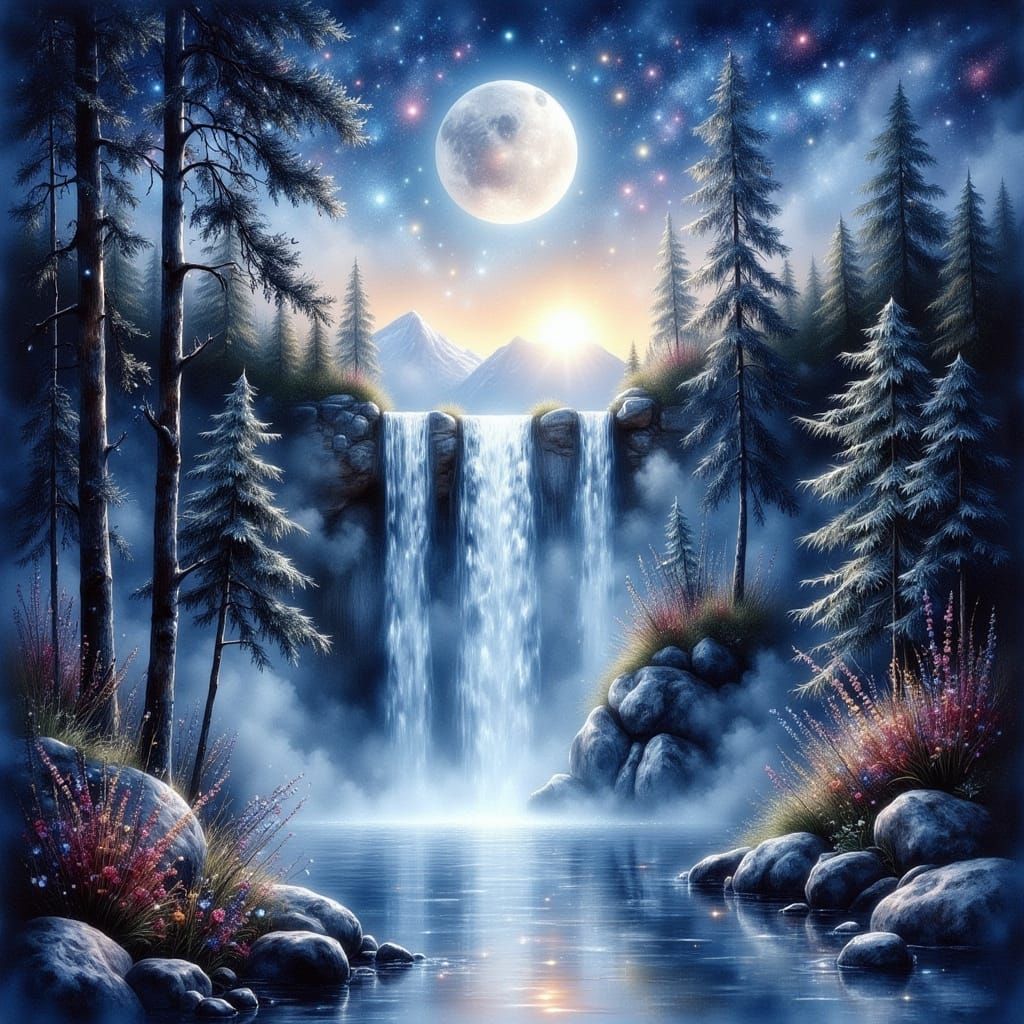Dreamy Celestial Waterfall in Enchanted Forest