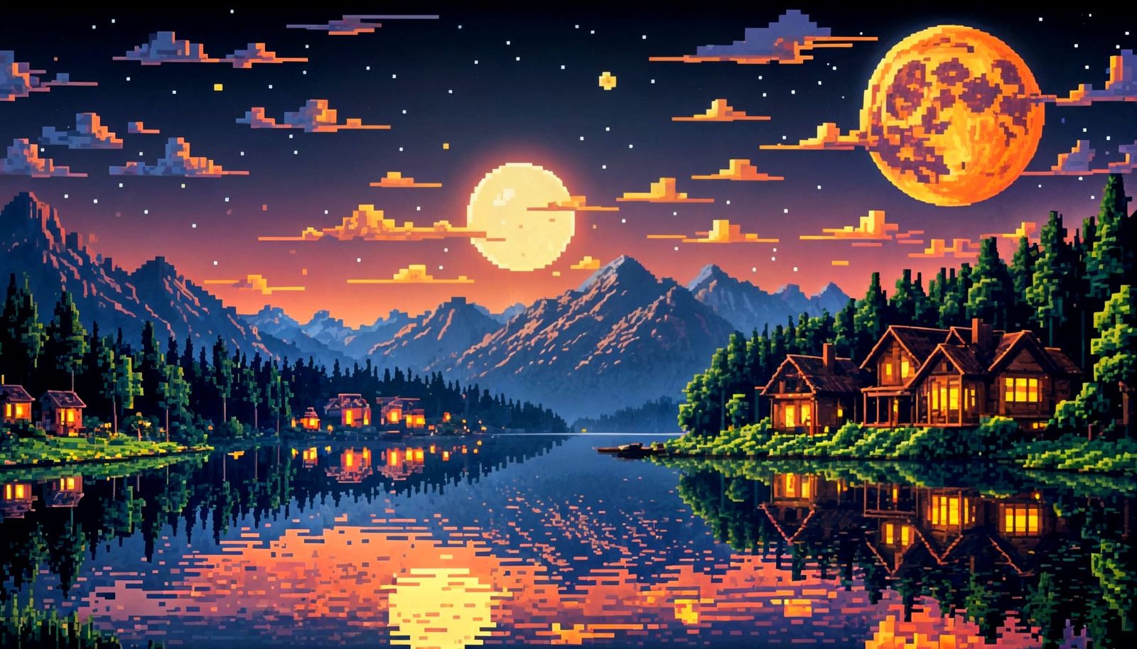 8-bit Pixel Art Town Reflecting Moonrise