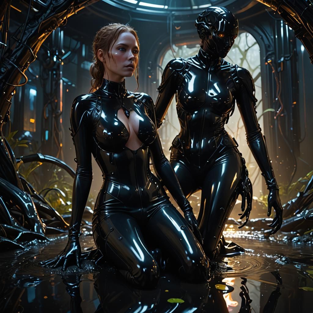 Sci-Fi Horror: Woman in Dripping Black Latex Goo