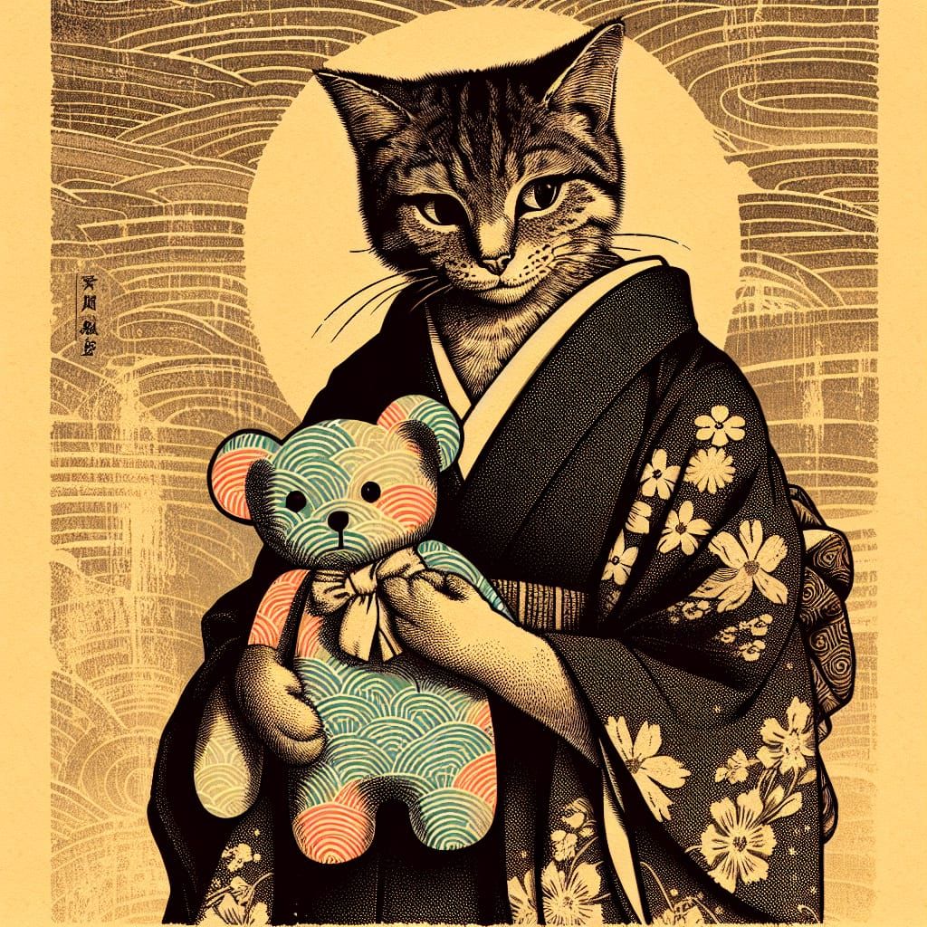 Cat with Teddy Bear in Japanese Woodblock Print