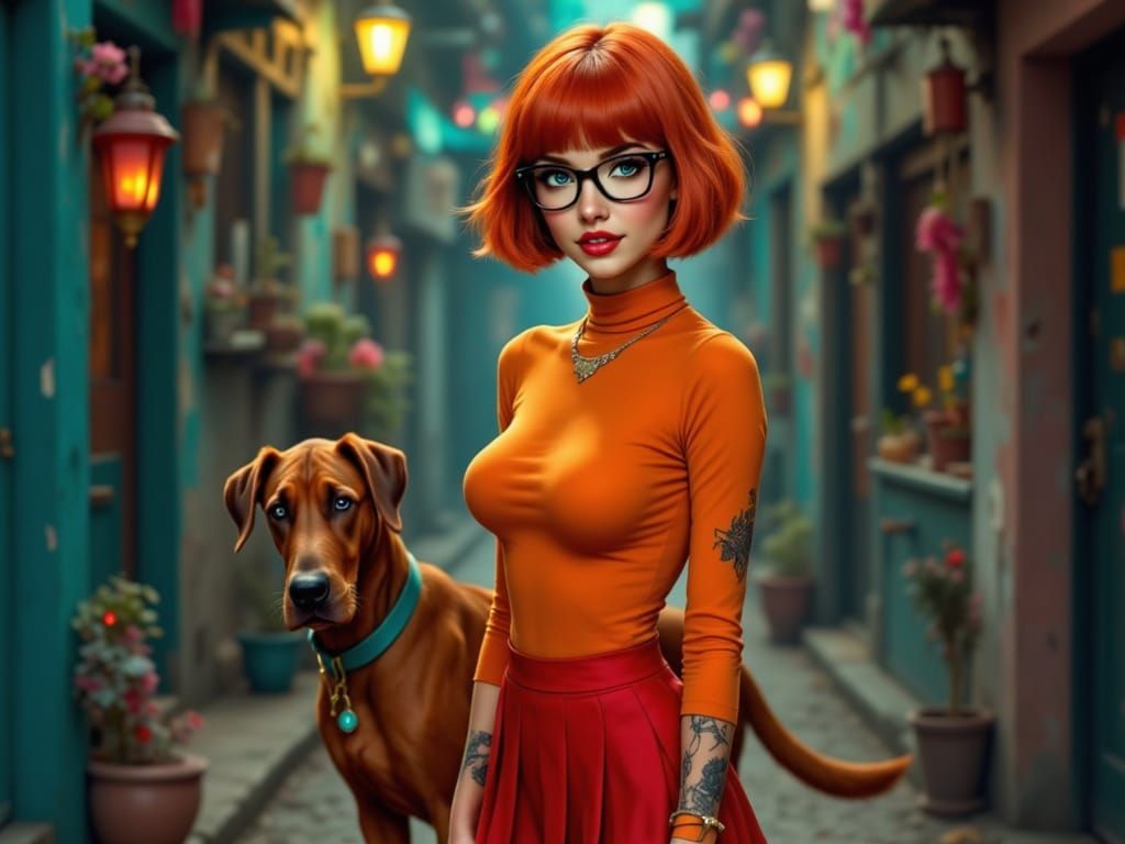 Velma Dinkley in Mysterious Alleyway with Scooby Doo