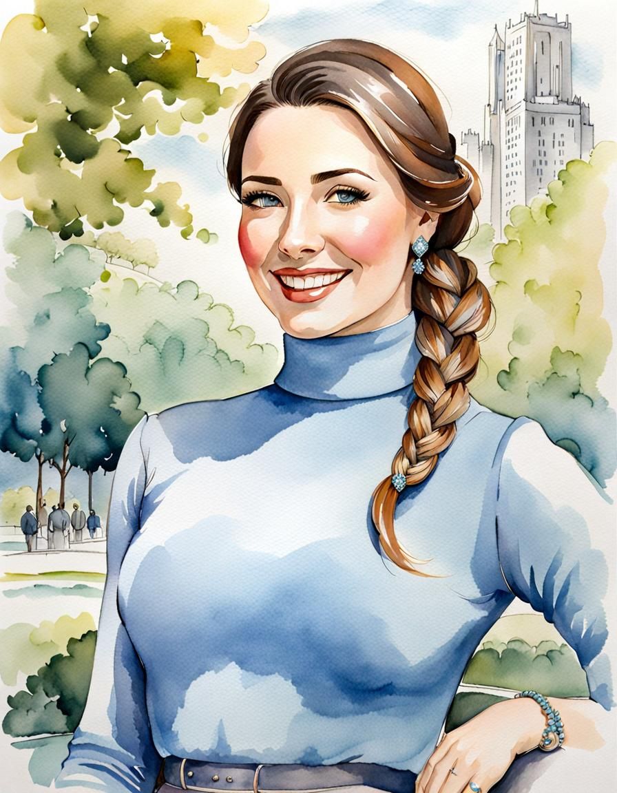 Watercolor Portrait of Smiling Woman in City Park
