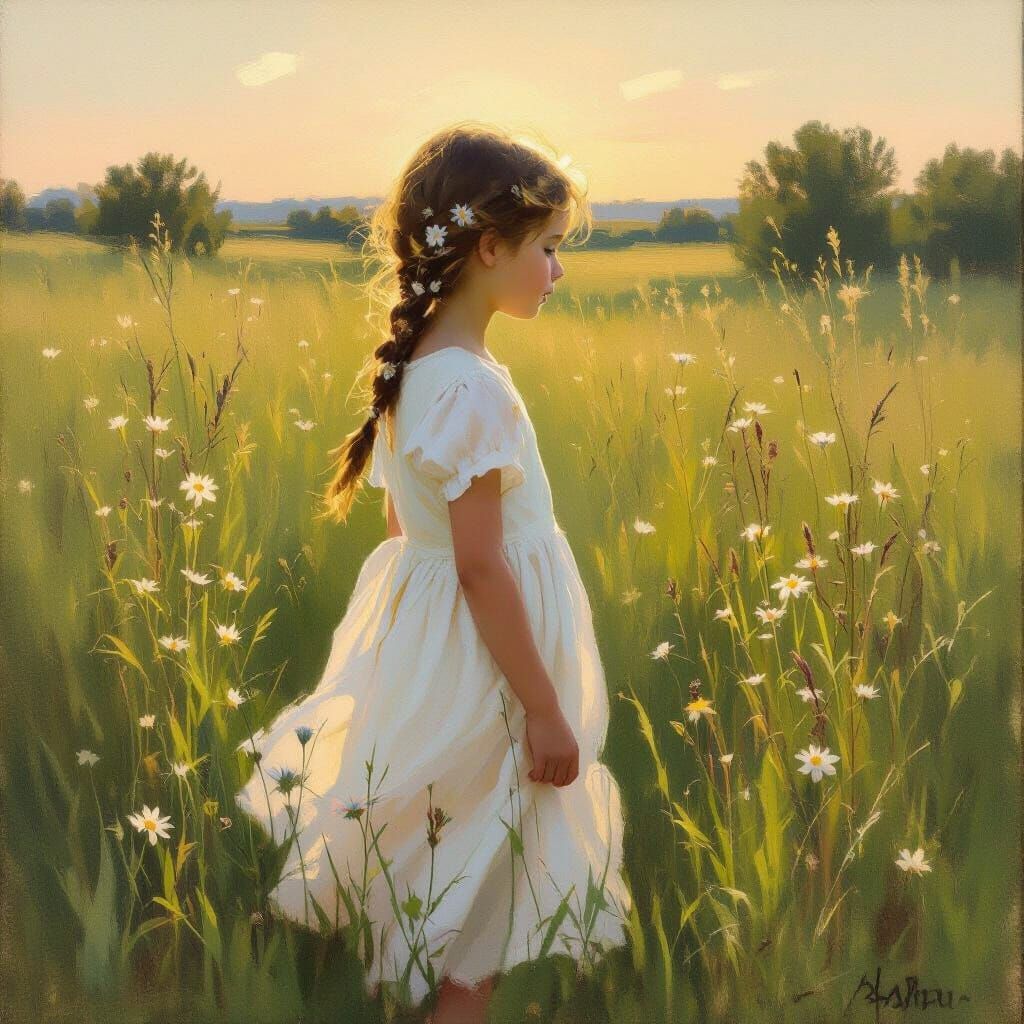 Young Girl in Meadow at Sunset, Impressionistic Oil Painting