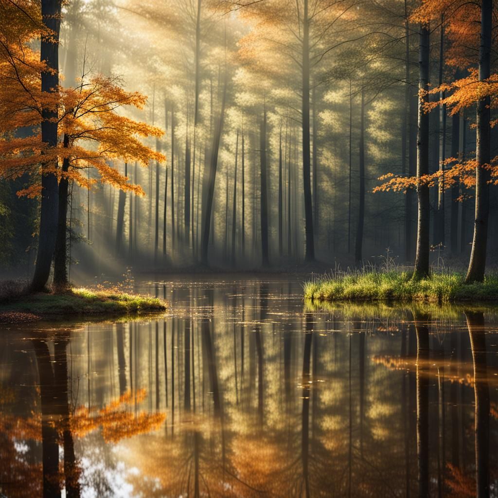 Autumn Forest Rainstorm Reflections in Misty Sunlight
