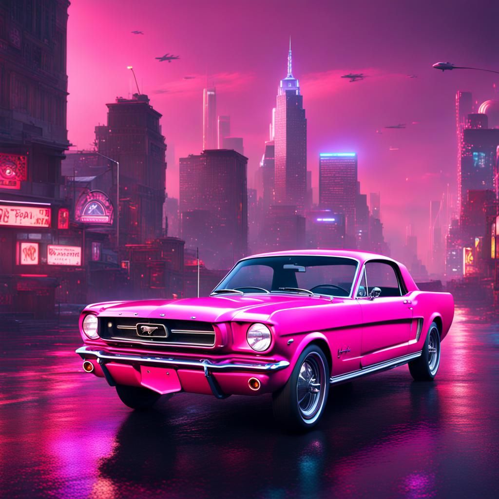 Flying Neon Pink Mustang in Skyline City