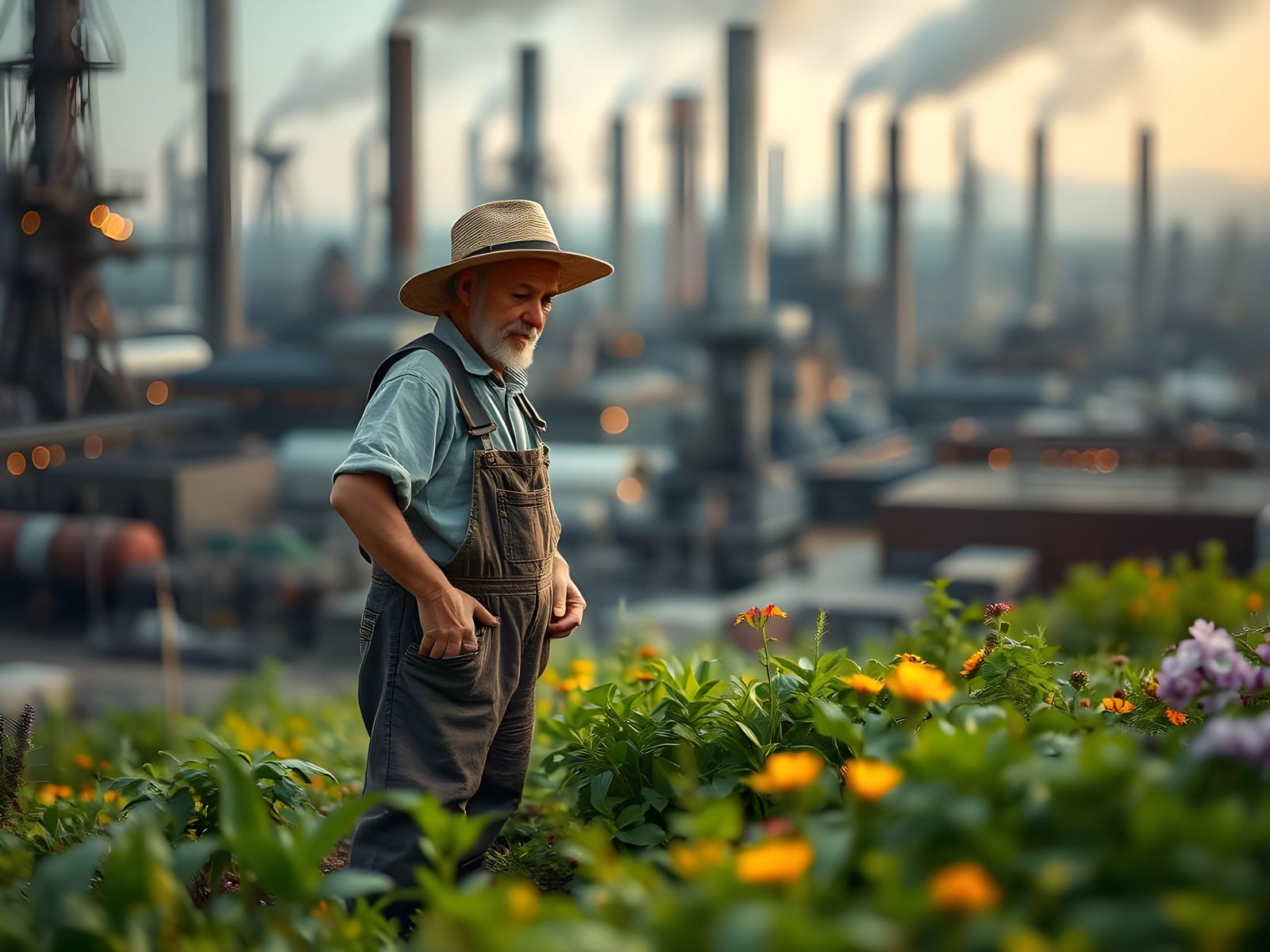 Tiny Worker's Garden Amidst Industrial Giants