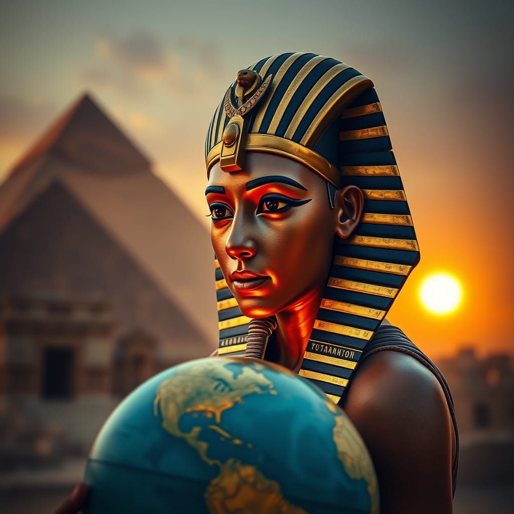 Tutankhamun Portrait with Giza Pyramids in Photography Style