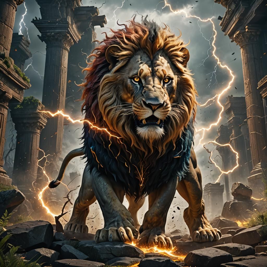 Electric Lion Mid-Attack: Fantasy Concept Art