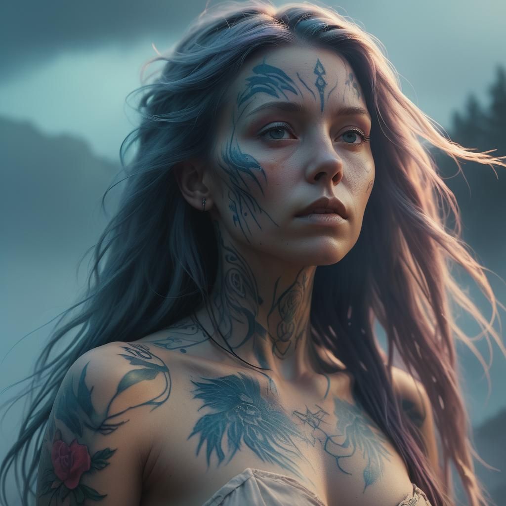 Ethereal Spirit with Glowing Tattoos: Digital Matte Painting