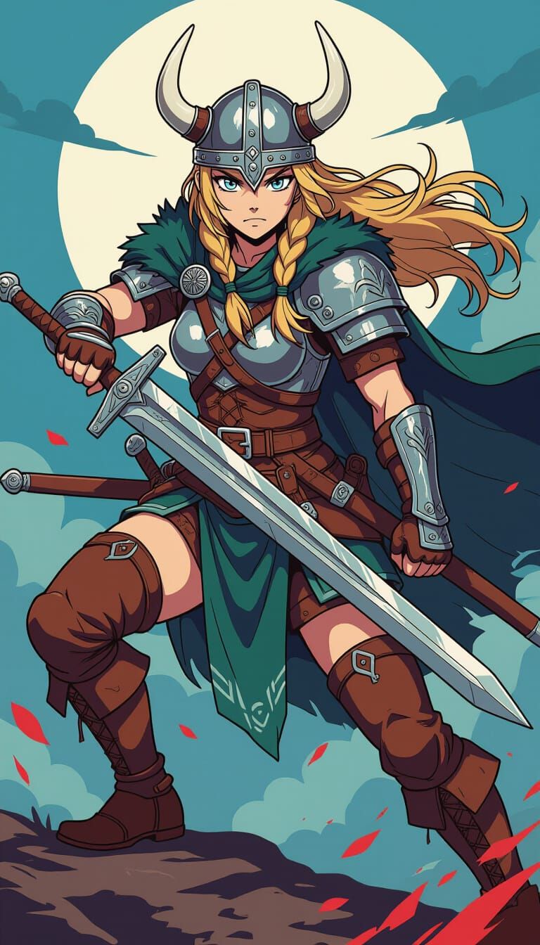 Female Viking Warrior in Anime Key Visual Style
