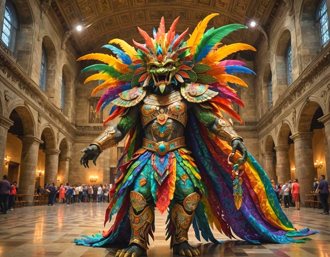 Quetzalcoatl in Rainbow Damask Fabrics