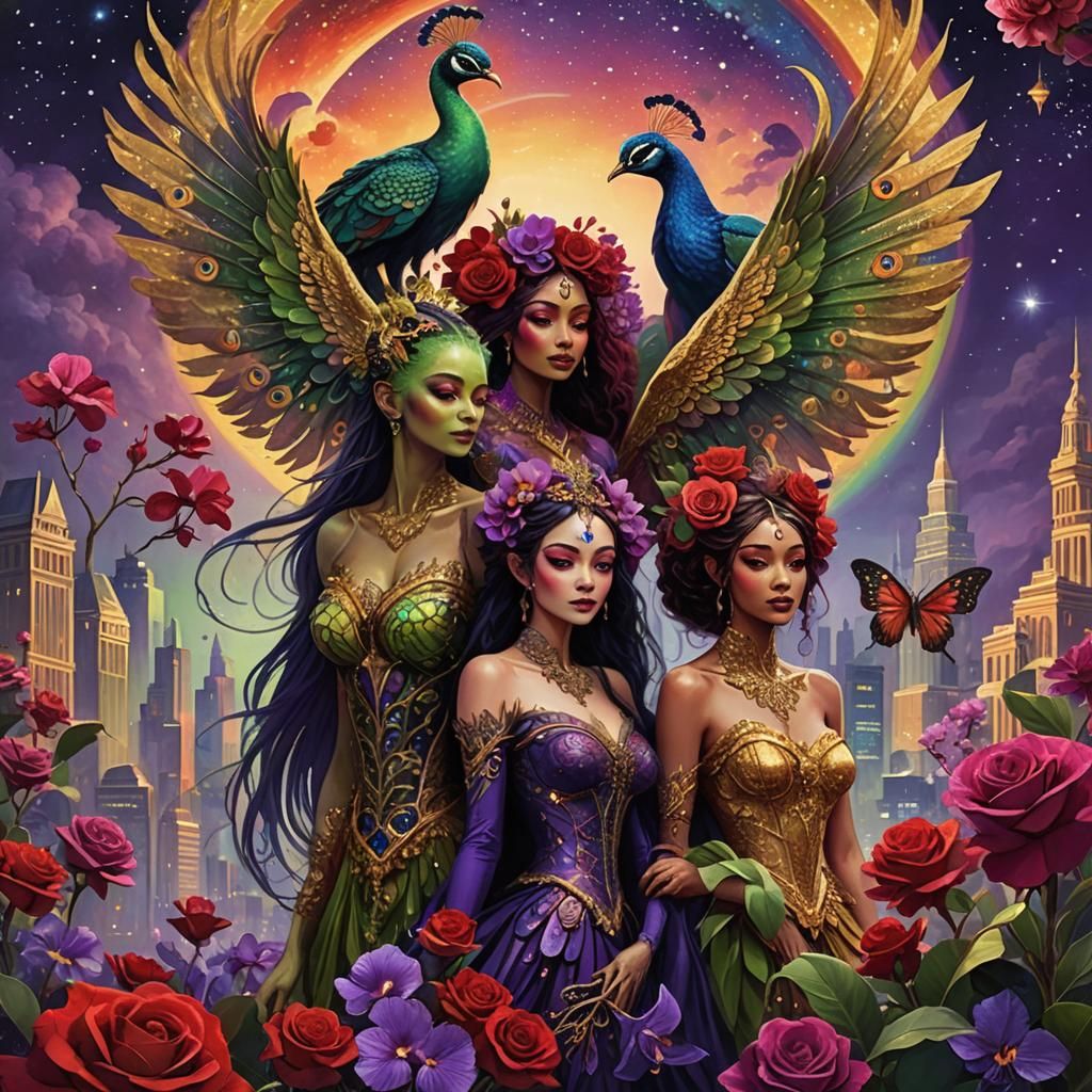 Faeries with Peacock Wings in Dark Fantasy Style