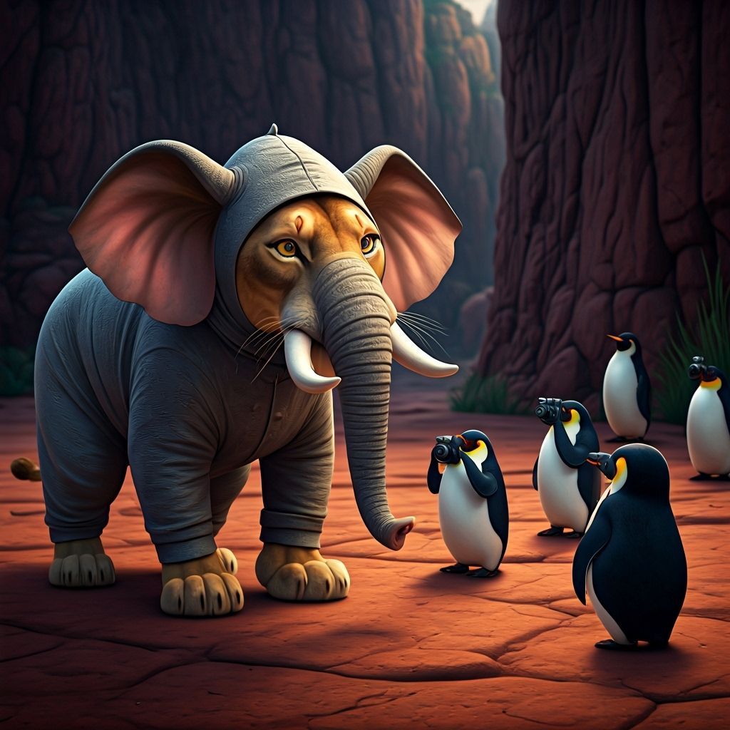 Lion in Elephant Costume Sneaks Up on Penguin Photographers