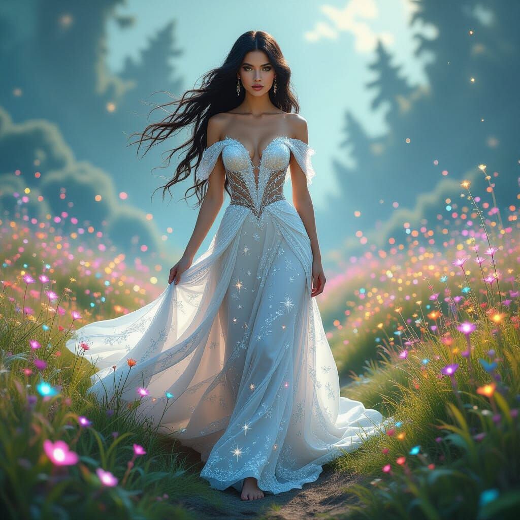 Ethereal Woman in Bioluminescent Field, Mixed Media