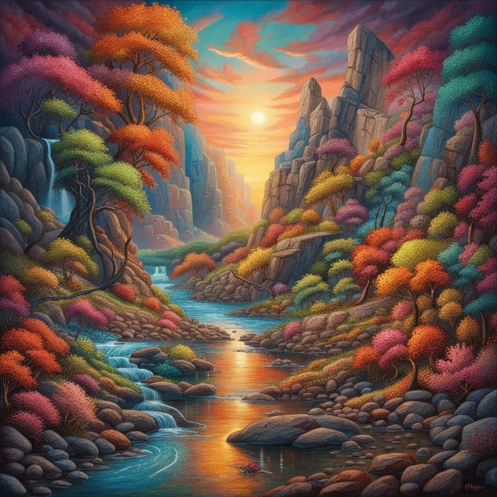 Colorful Landscape Painting with Distant Figure