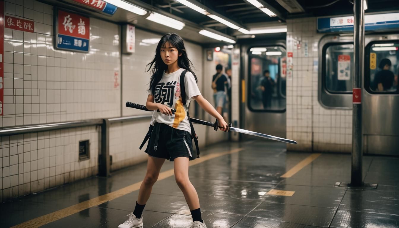 Japanese Girl with Katana in Neon-Lit Kyoto Street