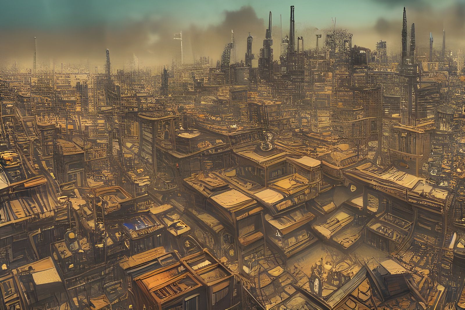 Steampunk Dystopian Cityscape Illustration in Hyperrealism