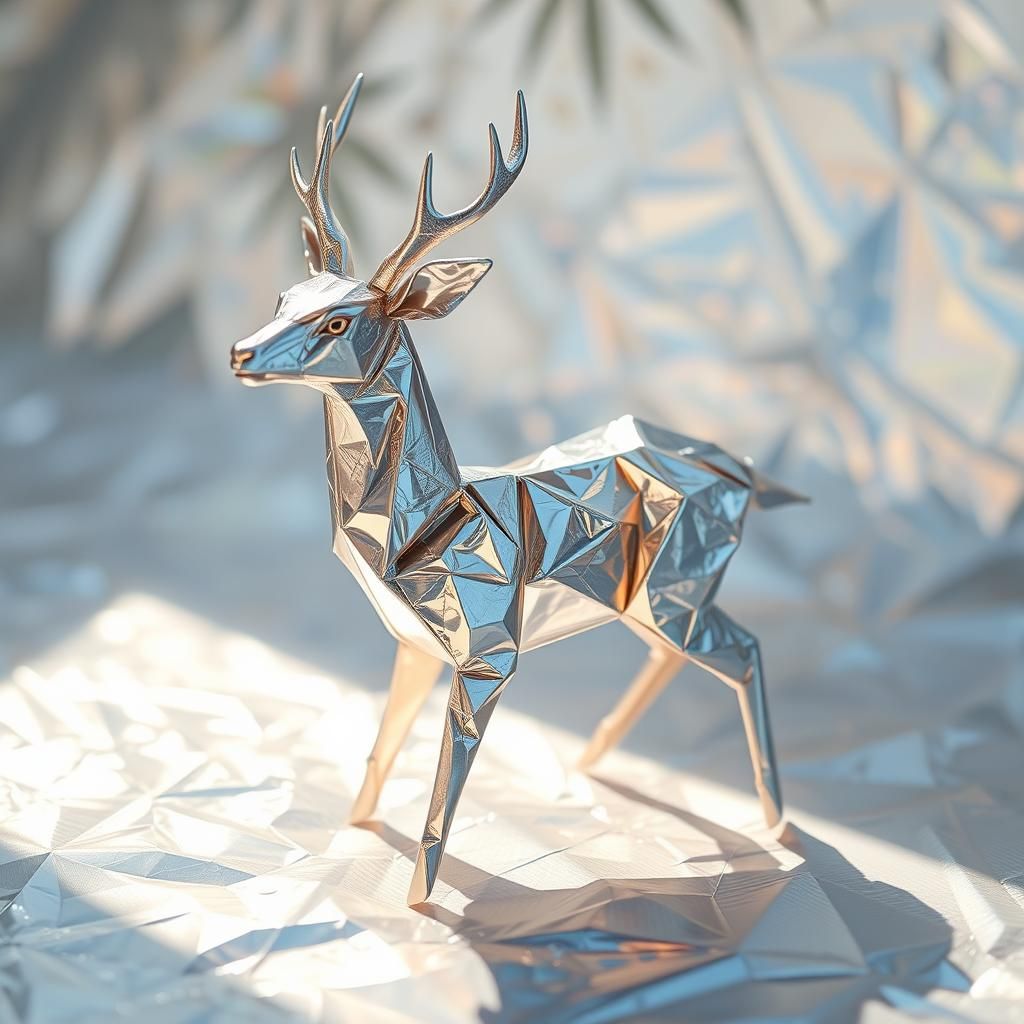 Iridescent Origami Deer in Crumpled Foil