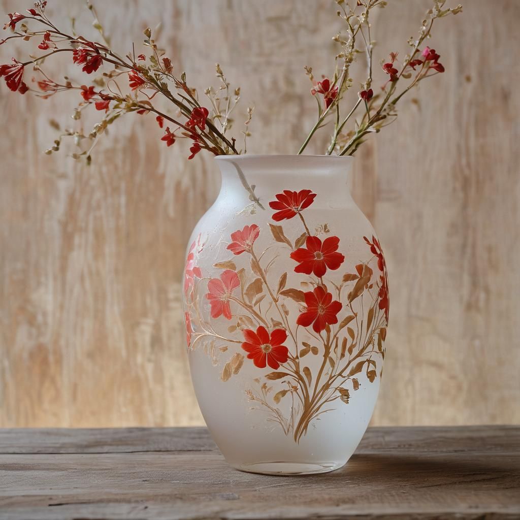 Art Nouveau Frosted Glass Vase with Floral Design