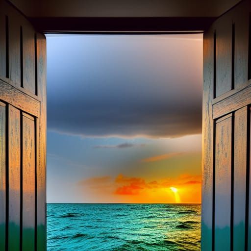 Green Door in Sea During Glowing Sunset Storm