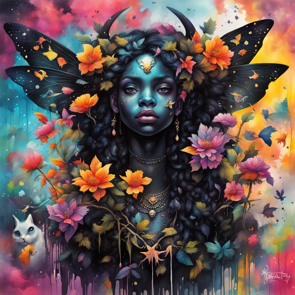 Black Fairy Princess with Woodland Creatures in Graffiti Art