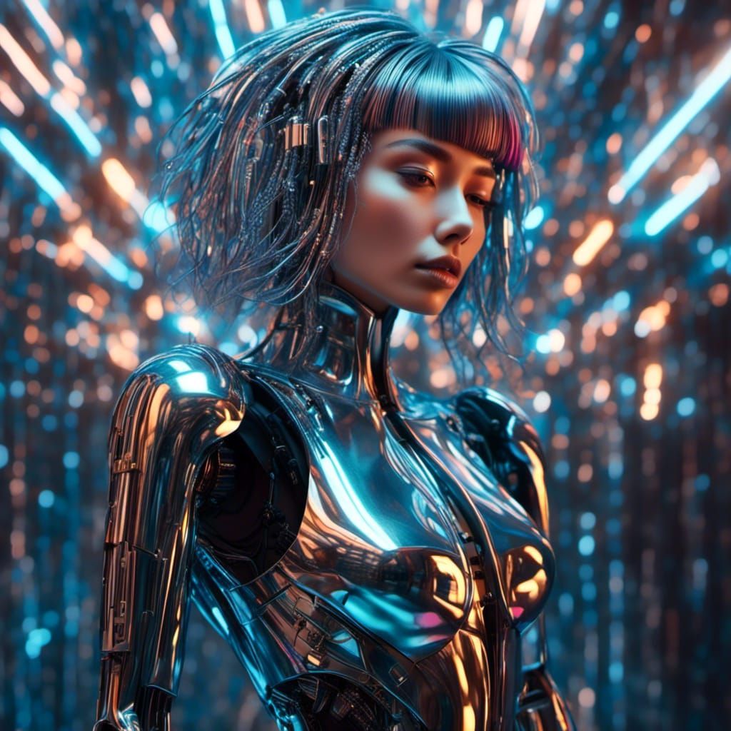 Robot Woman with Iridescent Hair in Sorayama Style