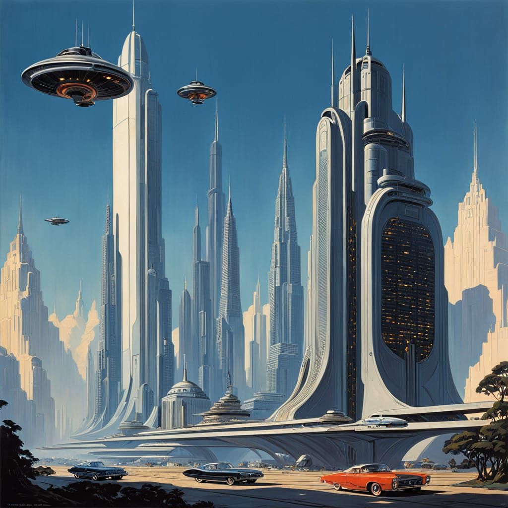 Retrofuturistic Cityscape in a Mid-Century Aesthetic