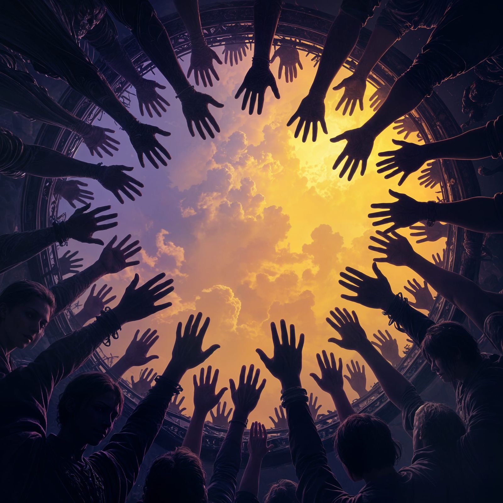 Dark Fantasy Circle of Hands in Dynamic Lighting