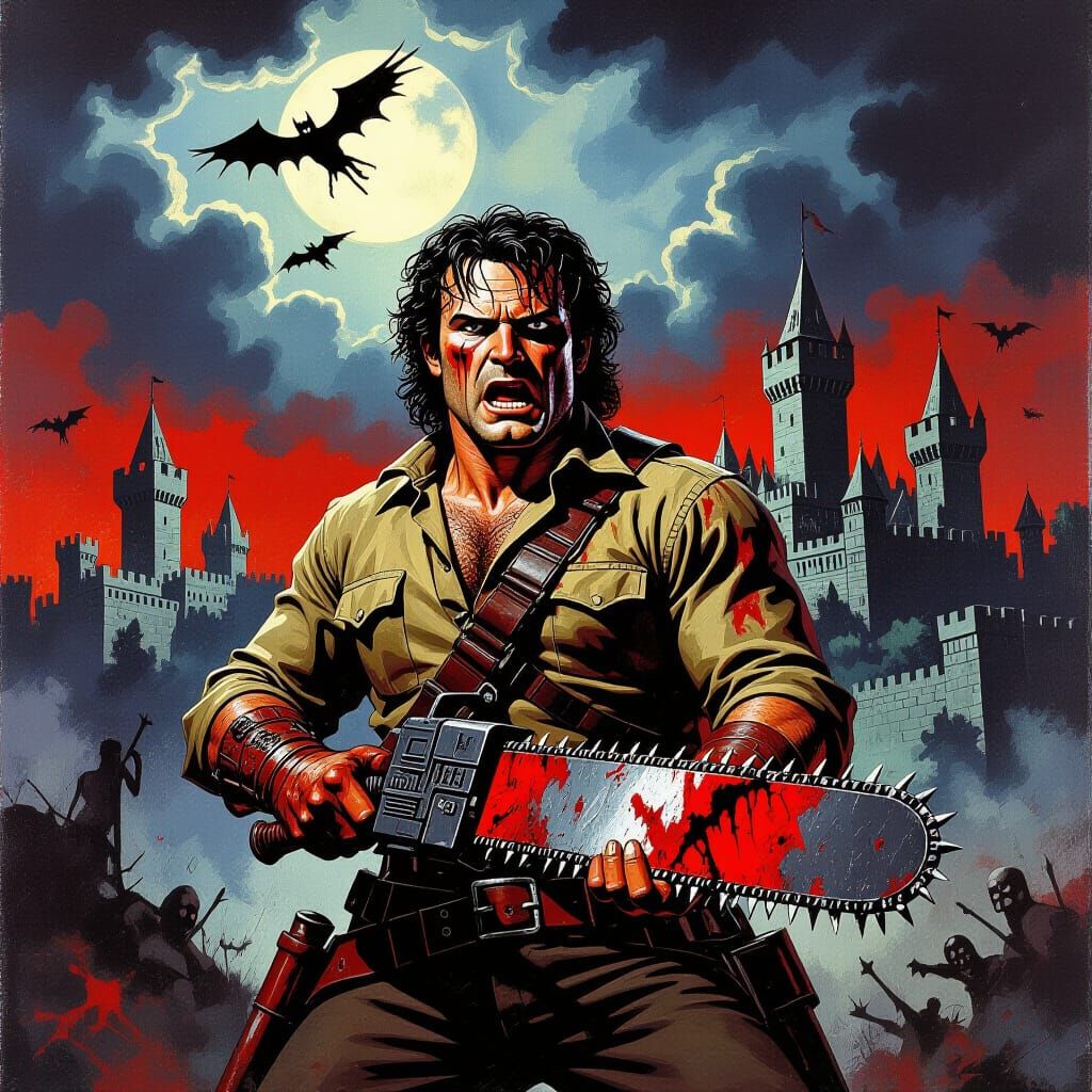 Ash Williams Horror Poster: Chainsaw Hand & Boomstick