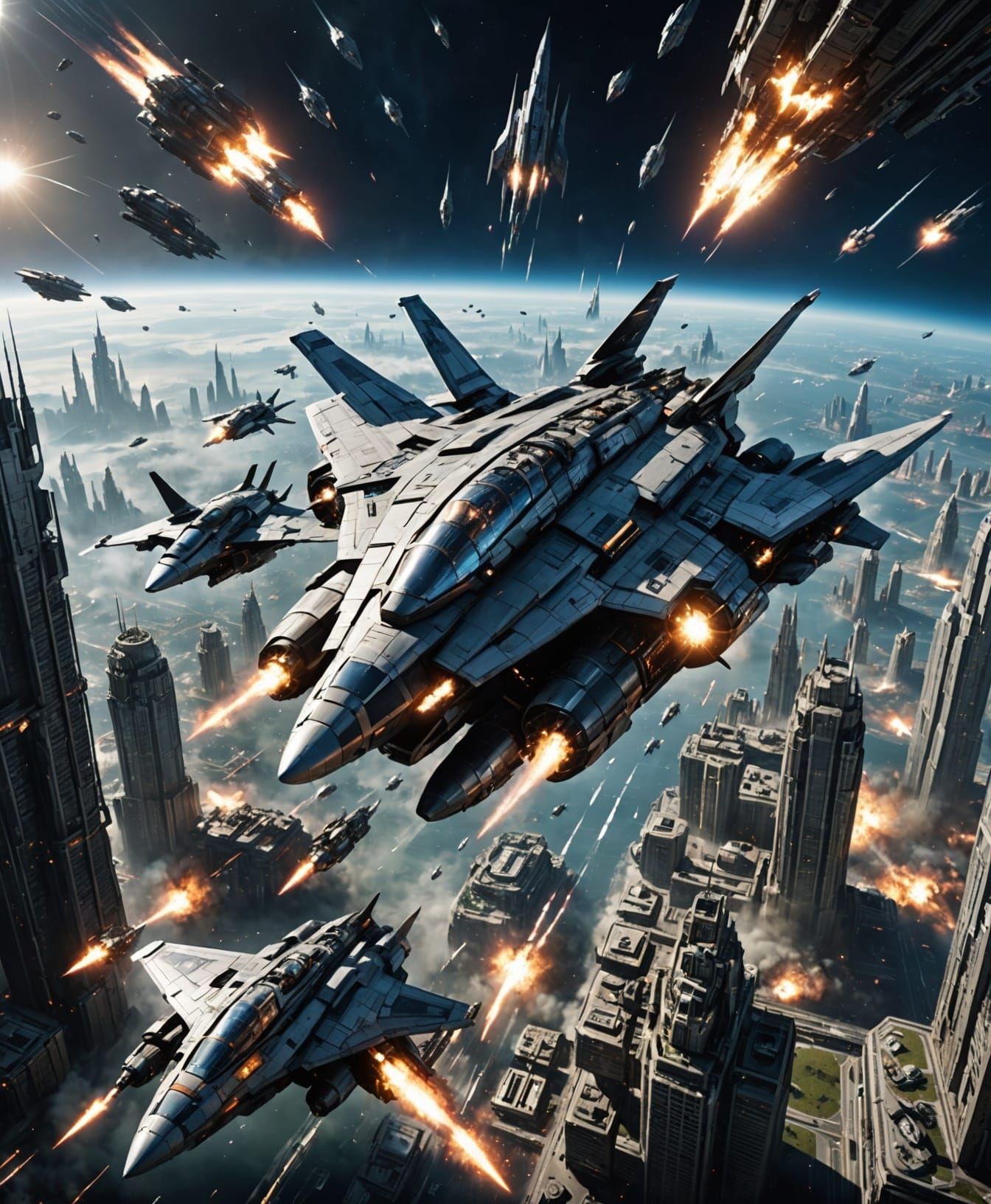 Epic Space Battle Above Futuristic City