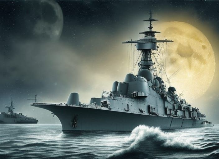 WWII Battleships Under Full Moon: Photorealistic Oil Paintin...