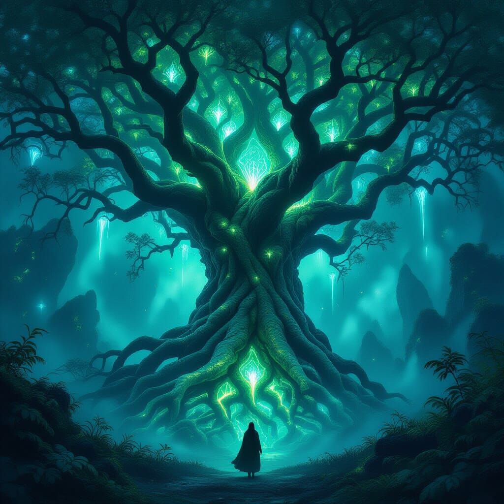 Ancient Bioluminescent Tree in Misty Otherworldly Forest