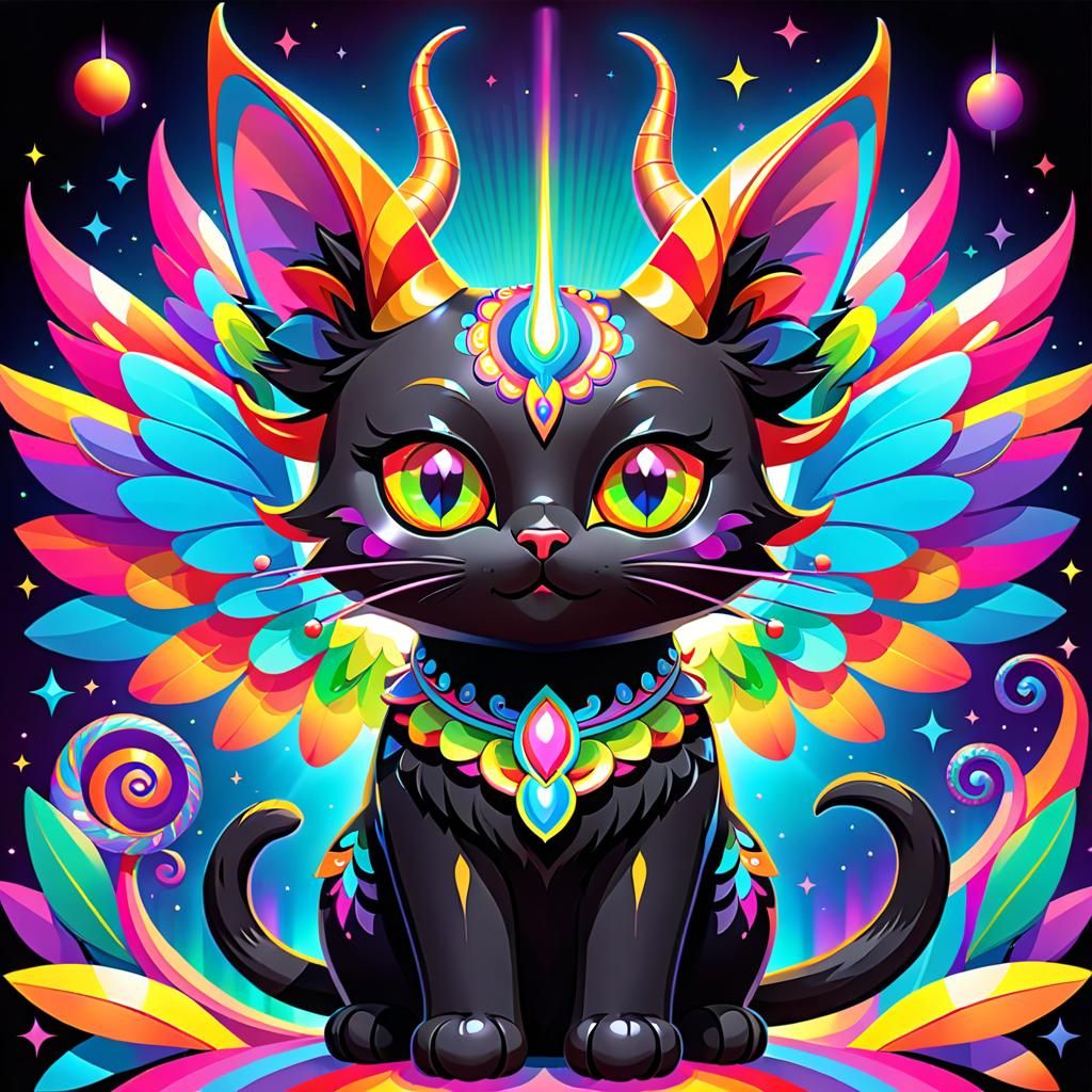 Psychedelic cartoon of a fantastic alebrijes black cat with ...