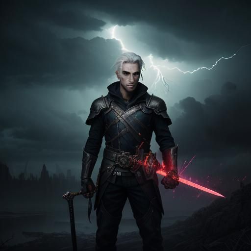 Epic White-Haired Warrior in a Storm, Digital Art