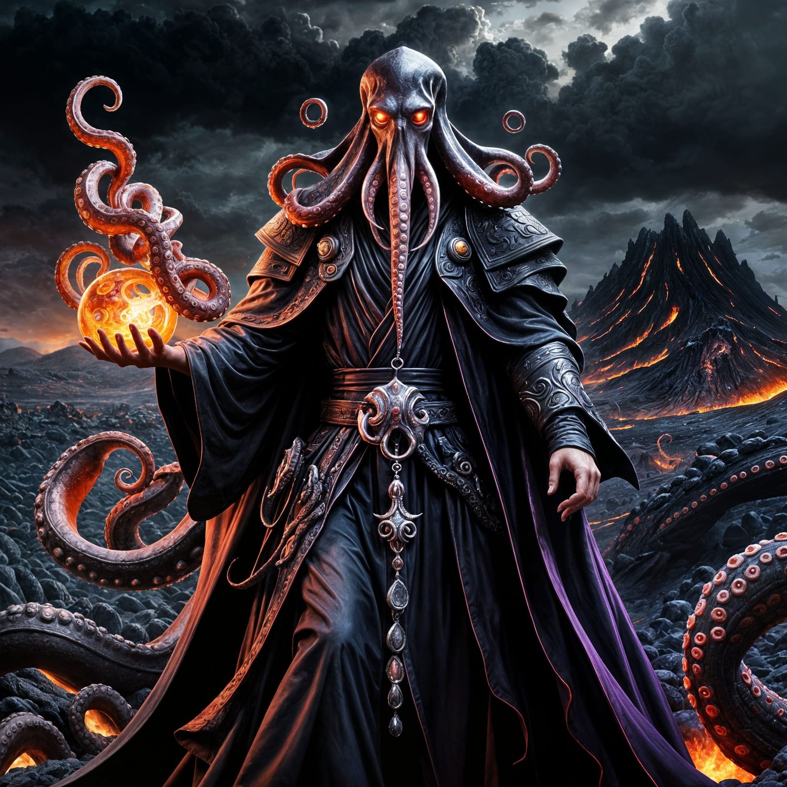 Octopus Wizard on Lava Field in Dark Fantasy Style