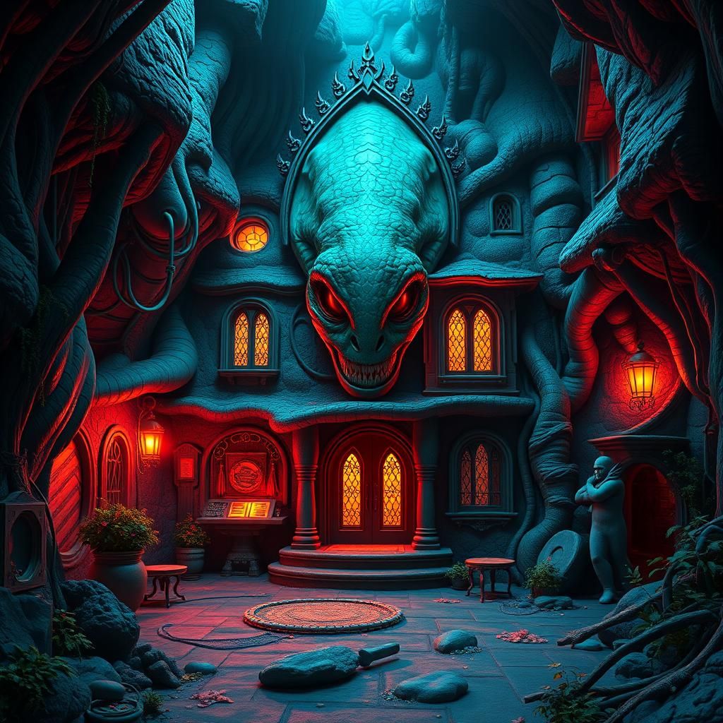 Eerie Alien Monster House in Vibrant Landscape