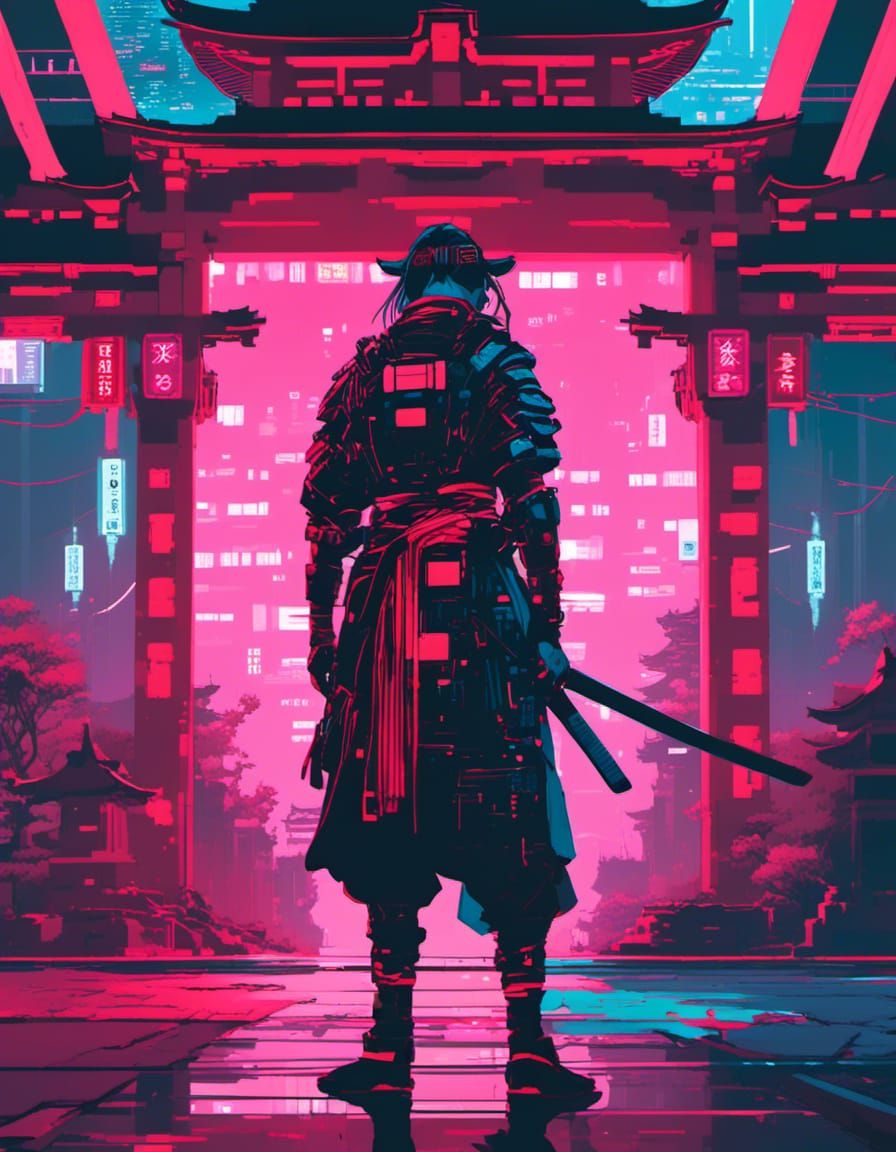 Futuristic Cyberpunk Samurai in Neon Shinto Temple